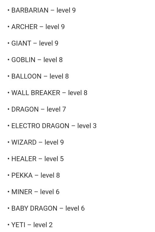 TH12 max level list 